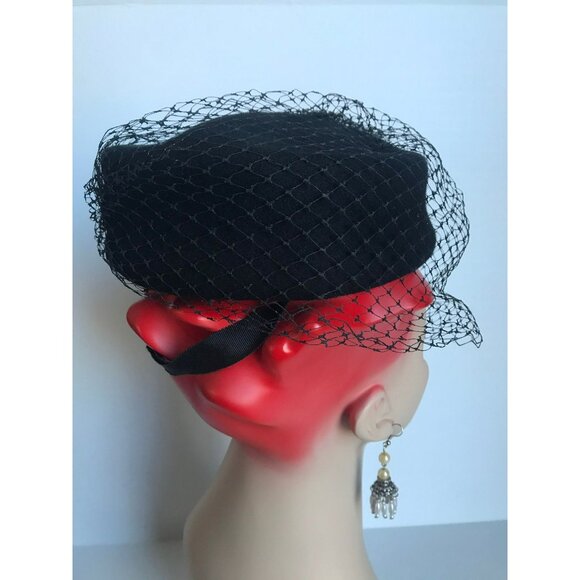 Vtg 1970's Fabini New York Peachfelt 100% Wool Made in USA Black Pill Box Hat - Picture 6 of 10